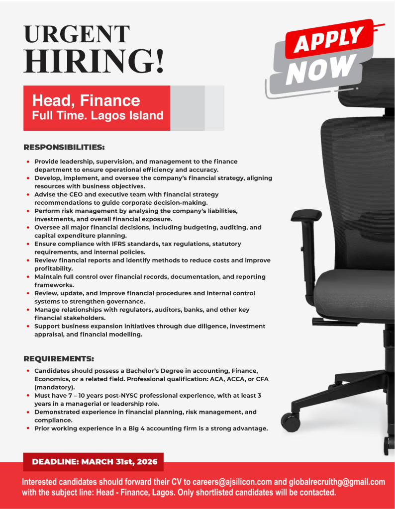 We’re Hiring: Head of Finance (Lagos Island)
